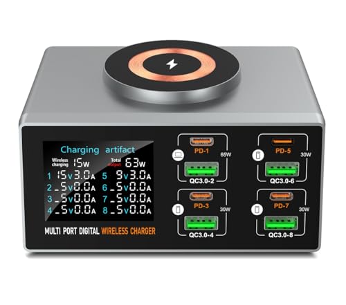 JHZL 140W Multifunktions Smart Ladegerät mit magnetischer Absorptionsanzeige, 8-Port USB C mit 65W PD3.0 QC3.0, kabelloses Ladegerät, LCD Display