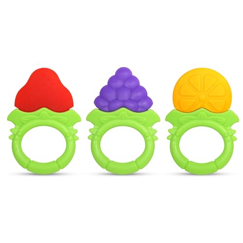 Image of RaZbaby Fruitique Infant & Baby Massager & Teether Toy 3-Pack, Fruit-Shaped Multi-Texture Teethers Soothe Sore Gums, Non-Toxic BPA-Free Food-Grade Silicone, Hands-Free & Easy to Hold, 3M+