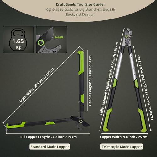 Image of Kraft Seeds Telescopic Gear Anvil Lopper, Heavy Duty Tree Branch Cutter with Long Stick, Pruning Cutter, Fruit Plucker, Carbon Steel Blade, Extendable Handle Tree Pruner Tool