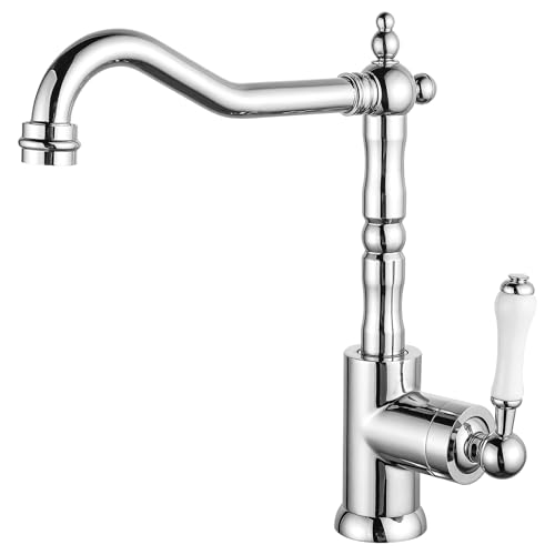 EGTink Robinet de Cuisine Antique,Mitigeur Robinet de Cuisine en Laiton,Robinetterie de Lavabo Salle de Bain,Rotatif à 360 °,Mitigeur Chaud et Froid(Chrome)