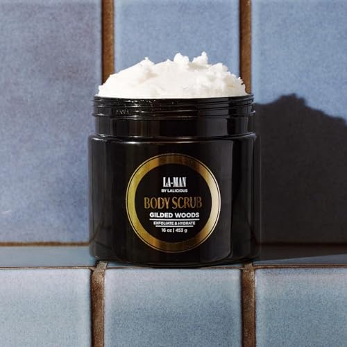 Image of LALICIOUS Gilded Woods LA-MAN Body Scrub | Exfoliating Sugar Scrub for Men | Body Exfoliator for Dead Skin & Optimal Hydration | Pure Cane Sugar + Coconut Oil | Large 16oz