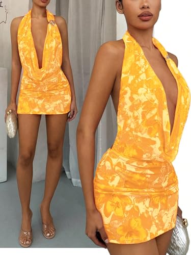 Image of OYOANGLE Women's Sexy Deep V Halter Dress Floral Bodycon Club Mini Dresses