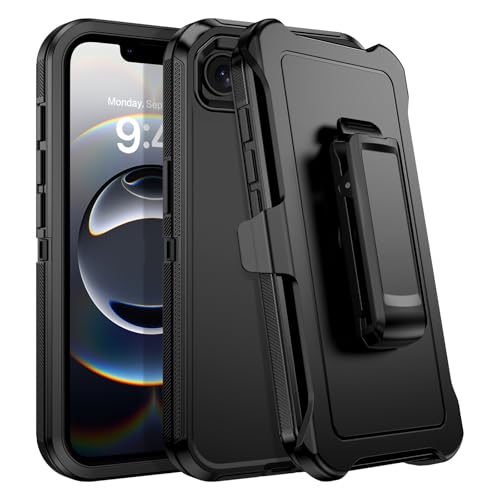 DUEDUE for iPhone 17E/16E Case with Belt Clip Holster Military Grade Shockproof 3-Layer Heavy Duty Cover Full Body Protective Rugged Phone Cases for Apple iPhone 17E/16E 6.1 Black