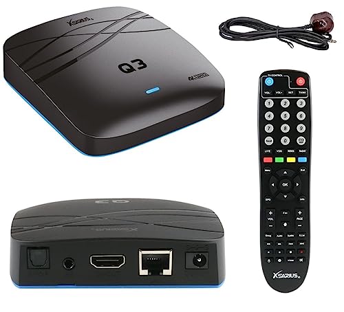 Xsarius, Q3 4K Android TV Box avec fonction SmartTV, WiFi, application LIVETV, Dolby Digital, VOD, USB 2.0 & 3.0, HDR10, 1 Go & 8 Go, YouTube, fente pour carte...
