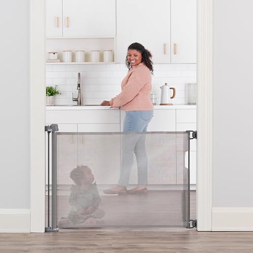 Image of Regalo Safety 50 inch Retractable Mesh Baby Gate, Bottom of Stairs & Doorways | Hardware Mounted, For Babies, Toddlers & Pets, Gray, Lock Indicator Window, Tested & Trusted for 30 Years