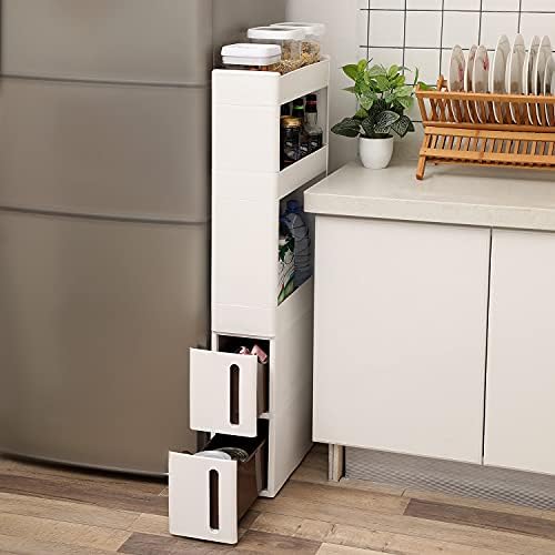 SONGMICS Wąskie 3 półki 2 szuflady Szafka wnękowa z kółkami do łazienki kuchennej i piwnicy 17 cm szerokości biała KFR06WT