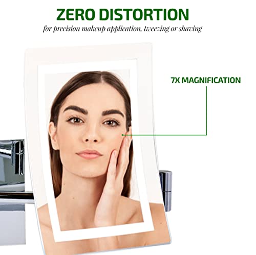Image of OVENTE 7 inch Wall Mounted Lighted Makeup Mirror, Polished Chrome MSWA6387CH7X | Rectangular Bathroom Mirror with 7X Magnification, Dimmable White LED Lights, Extendable Folding Arm, AC Adapter Operated