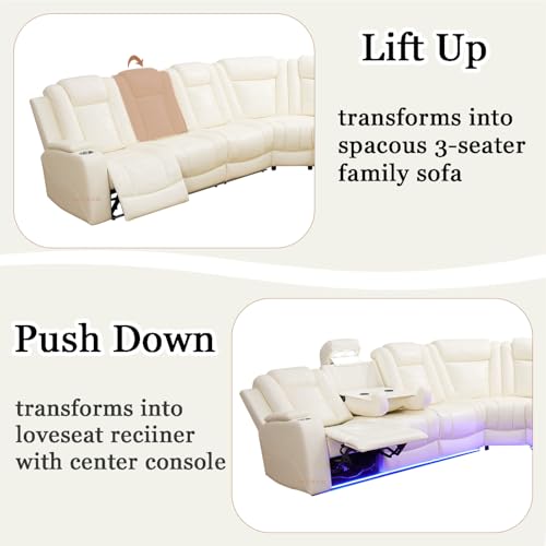 Image of Power Leather Recliner Sectional Sofa with LED Lights for Living Room, L Shaped Reclining Sectional Sofa, Modular Leather Couch with Coffee Table /Hidden Storage for Home Theater Seating