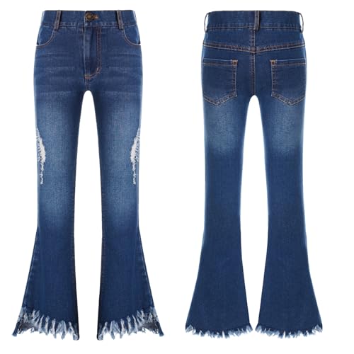 Girls Casual Ripped Denim Pants Flare Bootcut Jeans High Waist Wide Leg Leggings Slim Fit Bell Bottoms