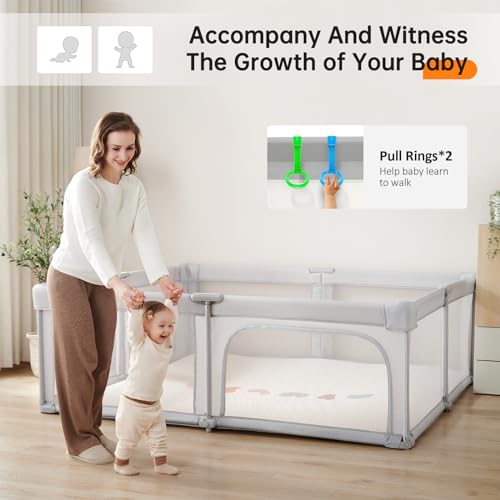 Image of Baby Playpen,Foldable Portable Playpen for Babies and Toddlers,59 inchx59 inchPlay Pen with Zipper Door,Play Pen Indoor & Outdoor Baby Fence Play Area, Collapsible Play Yard with Travel Bag(Light Grey)