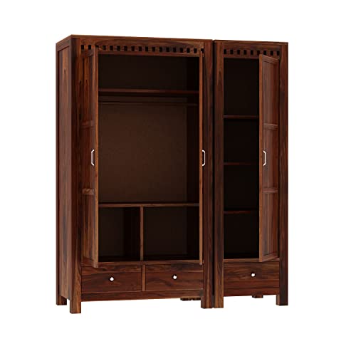 Image of WOODLAB Furniture Sheesham Wood 3 Door Wardrobe Storage with 3 Drawers Wooden Multipurpose Almirah for Home Living Room - Natural Finish