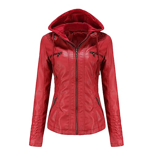 Veste en cuir synthétique femme rouge 3XL avec capuche amovible Adhdyuud