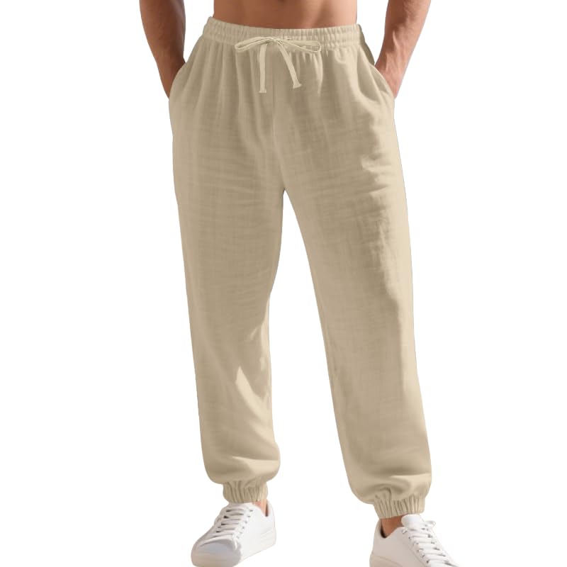 Men's Linen Pants Casual Drawstring Sweatpants Baggy Elastic Waist Yoga Joggers Tapered Pants with Pockets