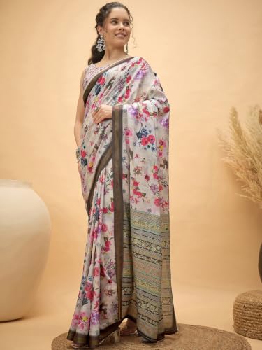 Image of Satrani Women's Floral Printed Silk Saree with Unstitched Blouse