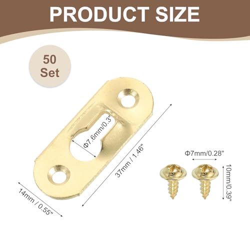 Image of uxcell 50Pcs Keyhole Picture Frame Hangers, 37x14mm Heavy Duty Metal Keyhole Hangers Plates Metal Hanging Brackets with Screws for Mirrors, Pictures, and Photo Frames, Gold