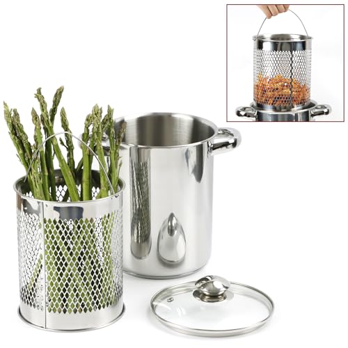 Glendaveny Casserole à asperges en acier inoxydable de 4 litres, cuiseur vapeur pour légumes et asperges avec panier amovible et couvercle, pour spaghetti,...