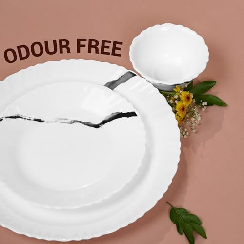 Image of Treo by Milton Opalware Aurelia Stria Dinner Set of 6 | Serving for 2 | Microwave & Dishwasher Safe | Bone-Ash Free | Tempered Toughness | Plates & Bowls | Crockery Set for Dining & Gifting | White