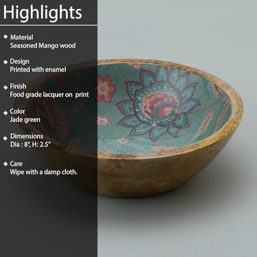 Image of SAAGA Printed Mango Wood Mixing Bowl - 8 x 2.5 Inch Large Wooden Serving Bowl | Stylish Salad, Fruit & Snack Bowl - Reverie Printed Bowl