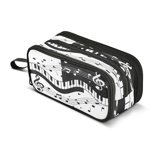 Image of Piano Music Note Pencil Case 3 Compartment Pen Bag Pouch Holder Box School Portable Stationery Storage Bag for Girls Boys