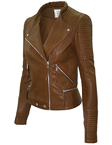 Cielo Women's Slim Double Breasted Quilted Moto Biker Faux Leather Jacket Camel XL