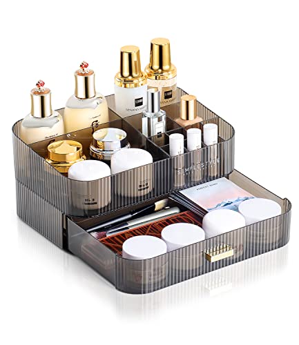 ELUCHANG Makeup Organiser, Acrylic Clear Cosmetic Organiser Display Cases with Stacked Drawers, Large Make Up Organiser, Skincare Beauty Storage for Dressing Table, Bathroom, Grey