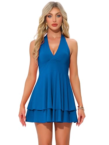 Image of Allegra K Halter Dress for Women's Party Skater Ruffle Backless Slim Fit Short Mini Dresses