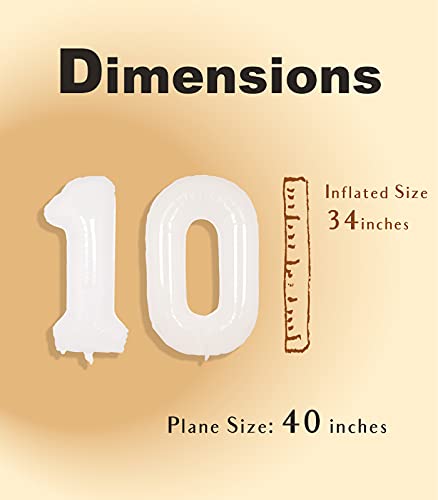 Image of SUWEN 40 Inch White Large 10 Balloon Number Big Foil Helium Numbers 0-9 | Giant Jumbo Happy 10th Birthday Party Decorations for Men or Women Huge Mylar Anniversary Party Supplies