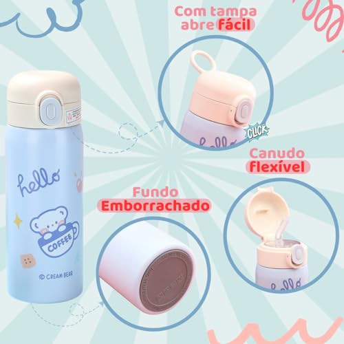 Garrafa de Água Inox Térmica Infantil 500mlCom Canudo Colorida (Branca)