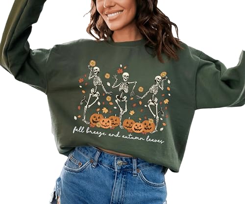 Fall Breeze And Autumn Leaves Skeleton Dancing Halloween Sweatshirt Premium Quality Top Crew Neck Tee Funny Sweater3