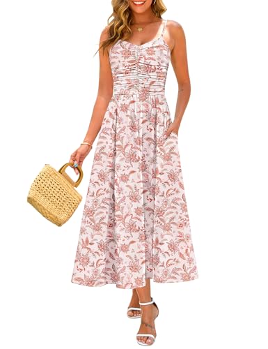 Image of Annebouti Women 2026 Summer Spring Ruched Maxi Dress Adjustable Spaghetti Strap Floral Beach Long Sundress with Pockets