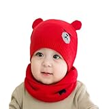 [ｍiaotti] ベビーニット帽子 ネックウォーマー 2点セット 赤ちゃん 新生児 冬 耳付き 0～2歳 フリーサイズ (レッド)