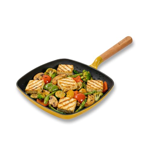 Image of CUMIN CO. Enamel Cast Iron Grill Pan | 24 cm, 1.2L | 10 Year Warranty | Non Toxic Non Stick Pan for Kebab and Tikkas | Chemical Free Coating |Gas, Induction & Grill Safe | Mustard