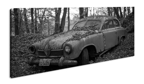 Vistoso carro en el bosque panorámico 120 x 60 cm, efecto: negro/blanco como lienzo, diseño listo enmarcado en marco de madera auténtica, impresión digital de alta calidad con marco