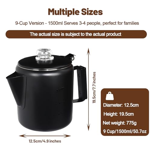 Image of 9 Cup Percolator 304 Stainless Steel Coffee Pot Coffee Maker Coffee Machine with Solid Wood Handle Transparent Knob Stovetop Greca Mocha for Induction Home and Camping 1500ml 50.7oz Black