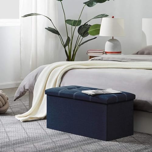 Image of Foldable Storage Ottoman Bench 30in, Storage Chest, Large End of Bed Foot Rest Stool with Padded Seat, Bedroom Bench for Living Room (Blue, 76cm*38cm*38cm)