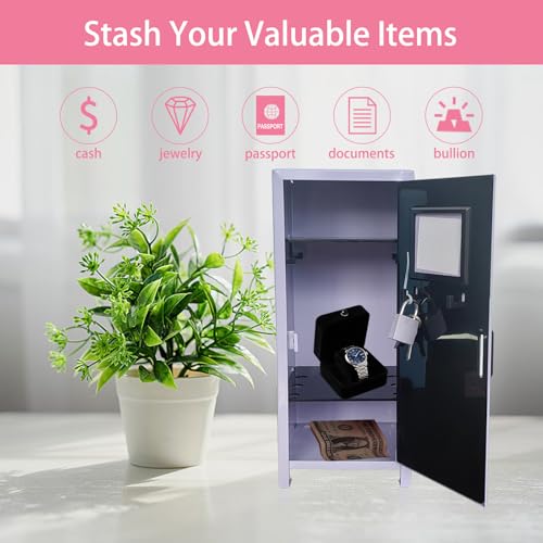 Image of Mini Locker with Lock Key Stickers Box Metal Small Locker Mini Locker Miniature Storage Girls Lockbox Desktop Storage Organizer for Cash Money Jewelry Safe Dollhouse Furniture Accessories (Purple)