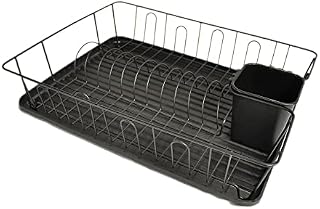 Calitek Dish Rack Drainer Kitchen Sink Countertop Dish Drying Draining Board with Removable Drip Tray and Utensil Holder Anti Rust Compact Design Black