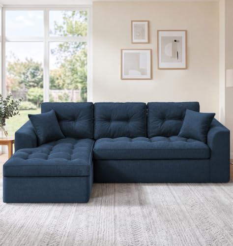 Image of Hobestluk Couch Sofa for Bedroom, Living Room, Office (Blue-L, Large) | Left Facing Chaise, Blue, Removable Cover, Button Tufted, Non-slip Bottom Design, No assembly Required, L Shaped Couch