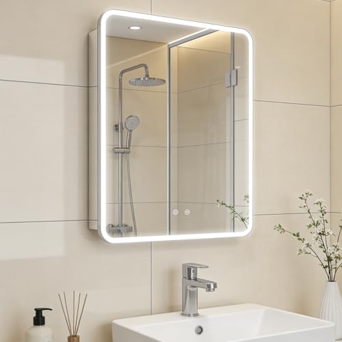 22 x 28 LED Bathroom Medicine Cabinet, Rounded Corner Aluminum Frame Lighted Mirror Cabinet with...