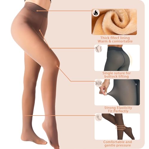 Image of X-CHENG 2 Pairs Fleece Lined Tights Women-Thermal Pantyhose leggings Women,Fake Translucent Skin Colored Tights for Winter