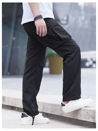 OYOANGLE Men's Drawstring Waist Cargo Pants Flap Pocket Lightweight Tactical Pants Streetwear3