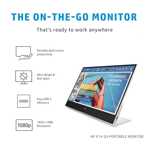 Image of HP E14 G4 14 inch FHD IPS Portable Monitor with 5ms Response Time, Anti-Glare, Flicker Free, 400 nits Brightness, USB-C & Dockztorm USB Port Expander, Silver Color (1B065AA#AC3) 2 Pack