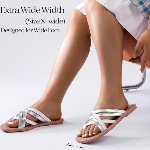 Image of Luoika Women's Wide Width Flat Sandals, Flip Flop Slides Sandal Casual Strapy Sandal Slip on Summer Beach Shoes for Women.