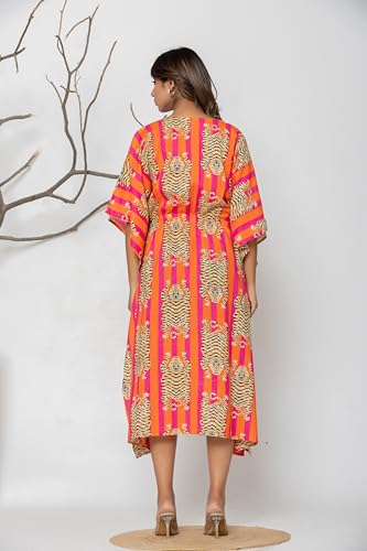 Women Tiger Print Kaftan Dresses Plus Size Swimsuit Coverup Tropical Tiger Print Kaftan Dress, V-Neck, Orange and Pink Stripes, Midi Length Summer Bathing Suit Caftan Loungewear Beach Dress3