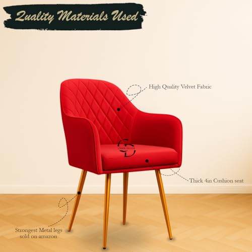 Image of Velvet Accent Chair with Matching Pouffe & Floral Cushion | Modern Upholstered Armchair with Gold Metal Legs | Lounge Chair for Living Room, Bedroom, Office, Guest Room (Red Diona)