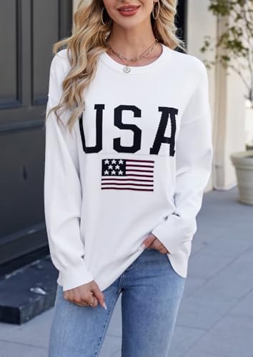 Image of Dressmine Womens American Flag Knit Sweater Crew Neck Long Sleeve Pullover | Casual Loose Graphic Outfits, Fall Sweatshirts, Trendy Clothes, Cute Patriotic Shirt, 2026 Cozy Elasticity Winter Tops