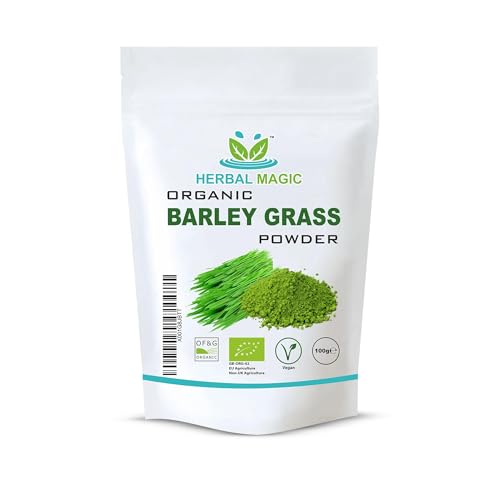 Herbal Magic Organic Barley Grass Powder Delicious Addition for Smoothies Milkshakes & Recipes Natural Wholefood Ingredient Free from Fillers & Preservatives-100g