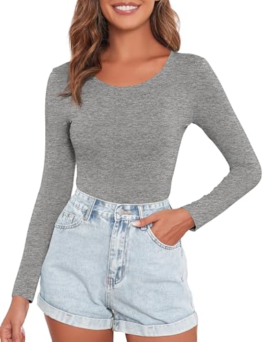 DSPSAM Women's Crew Neck Long Sleeve Bodysuits Basic Casual Going Out Cute Body Suits Fashion T-shirt 2025 (Light Grey, Medium)