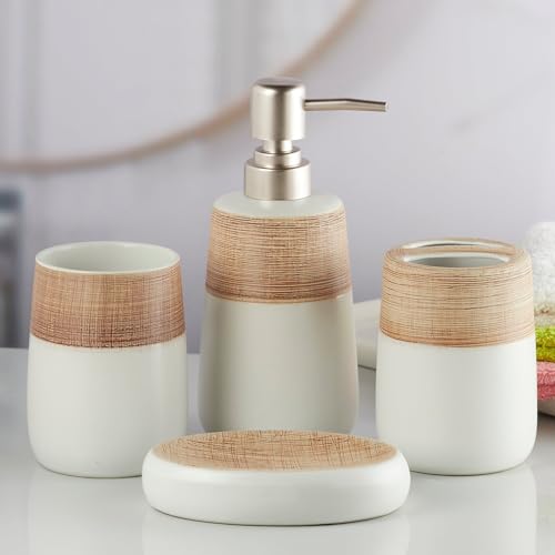 Image of SaSaSa Ceramic Bathroom Accessories Set of 4 Modern Bath Set with Soap Dispenser & Toothbrush Holder, Luxury Home & Gift Idea, Beige /Brown (10261)