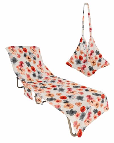 Red Orange Black Spring Floral Beach Lounge Chair Towel Cover, Soft Chaise Lounge Towel with Side Pockets Patio Pool Chairs Cover for Beach/Pool Sunbathing 29x85 Watercolor Botanical Rustic